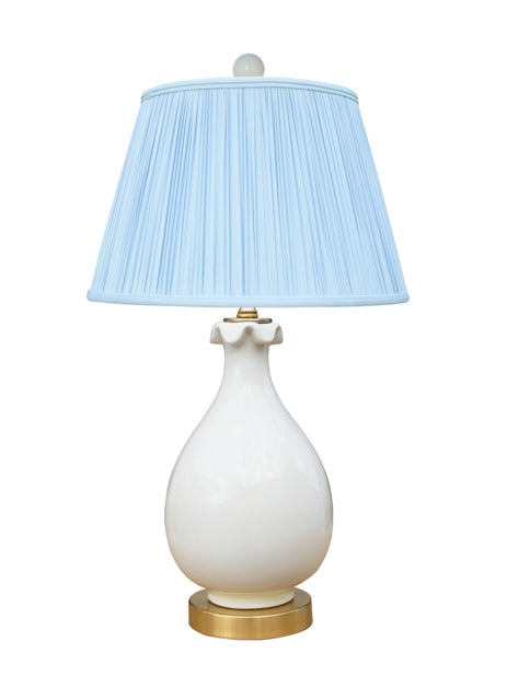 ADAIR WHITE WITH BLUE GATHERED SHADE PINCH POT LAMP